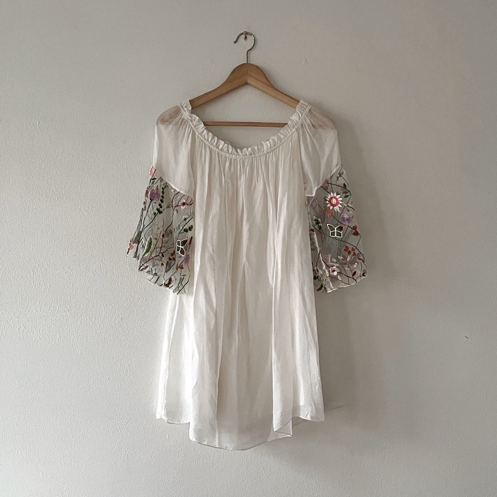 LOLA Chiffon Top Floral Sleeve Embroidery Italian Longline Coastal Grandma